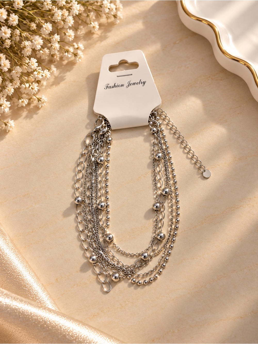 Fashion Jewelry Silver Multi-Strand Beaded Bracelet